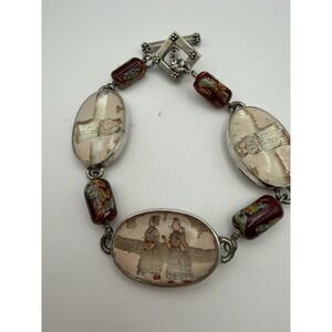 Vintage Sterling Dutch Souvenir Volendam Folk Art Cabachon Bracelet